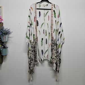 UMGEE Kimono Duster Cardigan Size XL/1XL Feather Print Tassel Boho Festival